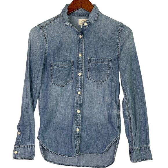 J. Crew Cotton Chambray Long Sleeve Denim Button Down Shirt Pockets 00 Blue - Picture 12 of 15